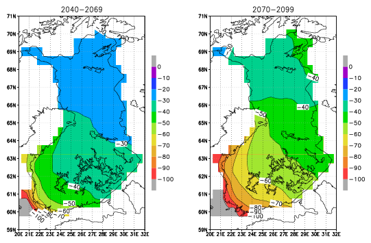 På finska Meteorologiska institutets webbplats finns en artikel om tjäldjup i framtida klimat på snöfria områden. Tjälkartorna visar situationen under en typisk vinter (figur 7-3).