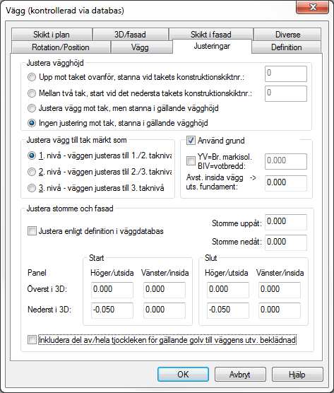 14... Kapitel 2 13.08.2012 Vägg/golv DDS-CAD Arkitekt 7 Välj fliken Justeringar i väggdialogrutan. Ändringen kommer då att bli utförd på alla väggarna i sekvensen.