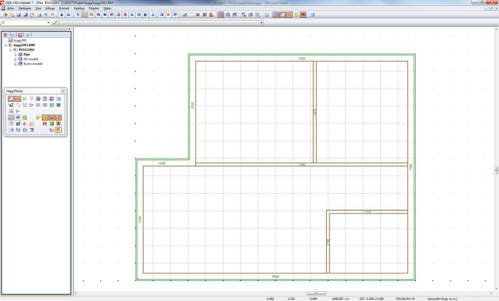 20... Kapitel 2 13.08.2012 Vägg/golv DDS-CAD Arkitekt 7 Placera trådkorset i övre högra hörnet (se ovan). Klicka INTE på vänster musknapp. Startpunkten ska placeras 3,2 m till vänster om denna punkt.