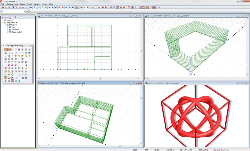 13.08.2012 Kapitel 2... 23 DDS-CAD Arkitekt 7 Vägg/golv Roterad rumsmodell i 3D flat Välj Fönster Ordna horisontellt.