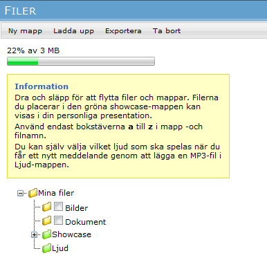 Vilka flikar som ska vara synliga ställs in i LUVIT Administration under LUVIT Portal/Portalsajter och Flikar. 6.3. Filer I Filer kan du ladda upp och spara egna filer.