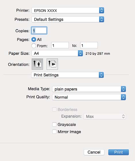 Utskrift 5. Välj Utskriftsinställningar på snabbmenyn. I Mac OS X v10.8.x och senare har Epsons skrivardrivrutin inte installerats på rätt sätt om menyn Utskriftsinställningar inte visas.