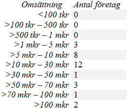 4.6.1 Omsättning och sektor för lyckade företag I tabellerna nedan har vi sammanställt de lyckade företagens omsättning samt vilken sektor som de är verksamma inom.