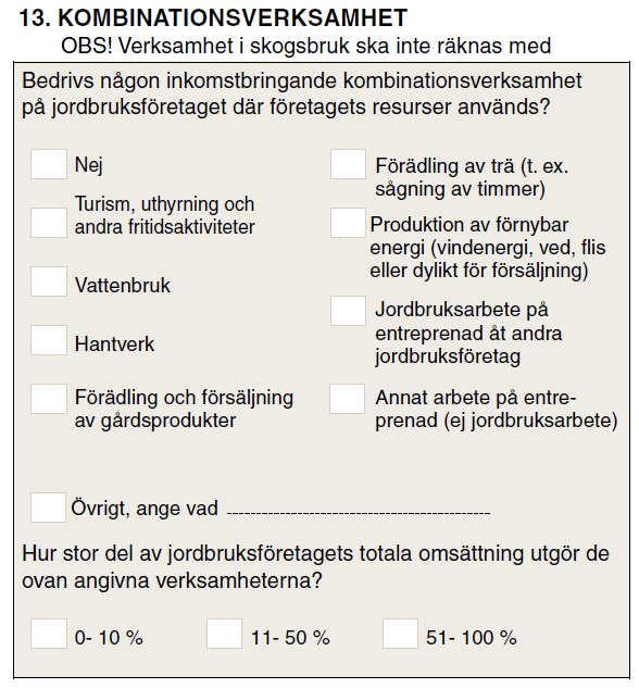 Statens Jordbruksverk 12 JO 47 SM 1101 Frågan angående kombinationsverksamhet har förändrats år 2010 jämfört med tidigare år.