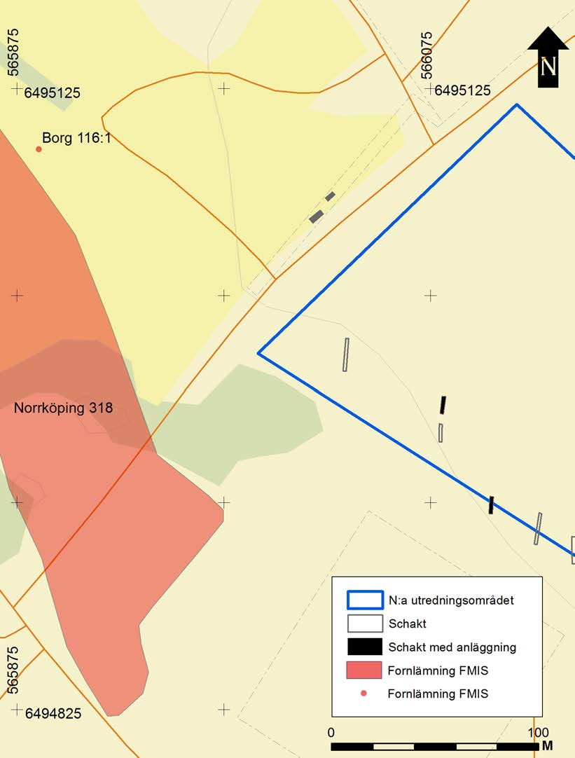 Figur 4. Utdrag ur den digitala fastighetskartan med utredningsschakten i delar av det norra utredningsområdet markerade.