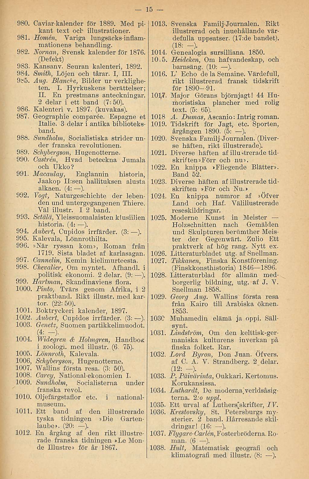980. Caviar-kalender för 1889. Med pikarit text och illustrationer. 981. Somin, Variga lungsäcks-inflammationens behandling. 982. Nornan, Svensk kalender för 1876. (Defekt) 983. Kansanv.