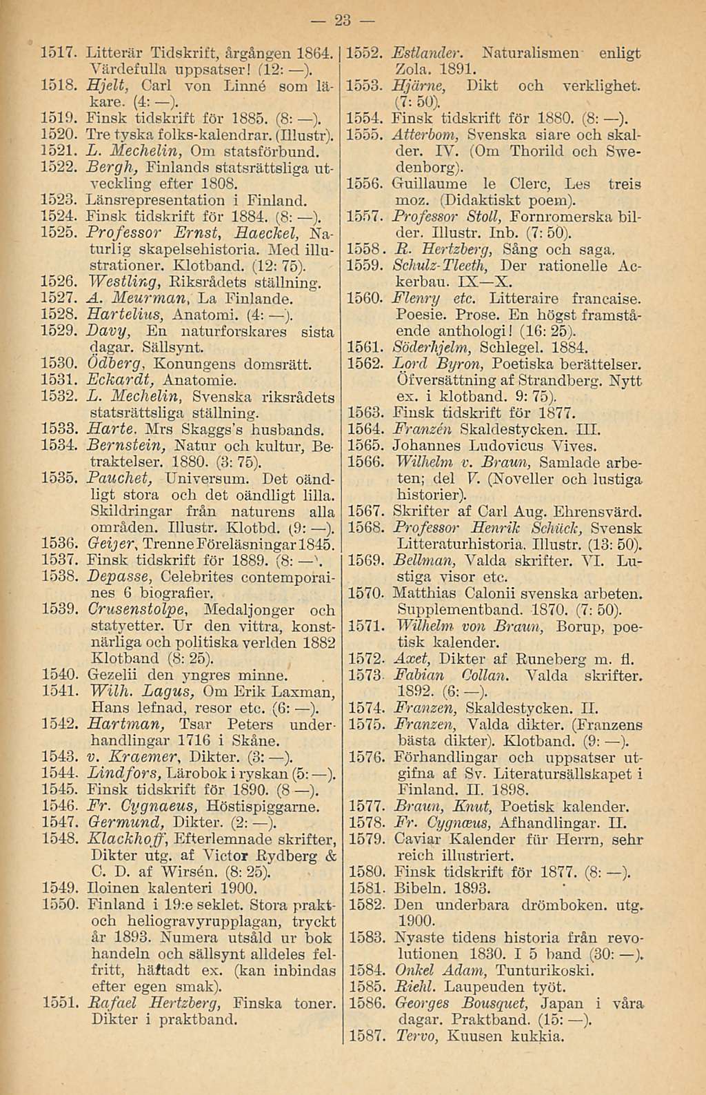 1517. Litterär Tidskrift, årgången 1864. Värdefullå nppsatser! Cl2: ). 1518. Hjelt, Carl von Linne som liikare. (4: ). 1519. Finsk tidskrift för 1885. (8: ). 1520. Tre tyska folks-kalendrar.