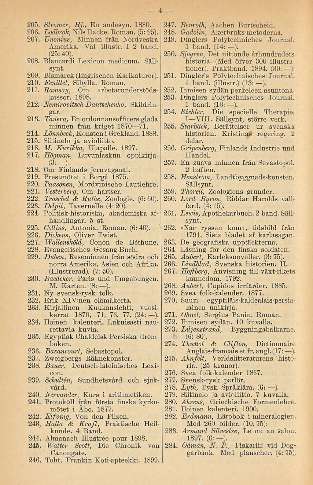205. Strömer, Hj., En andesyn. 1880. 206. Lodbrok, Nils Dacke. Boman. (5: 25). 207. Unonius, Minnen från Nordvestra Amerika. Väl illustr. I 2 band. (25: 40). 208. Blancardi Lexicon medicnm. Sällsynt.
