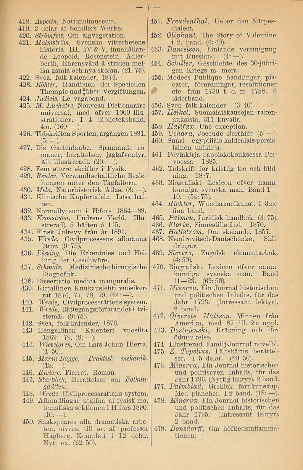 418. Aspelin, Xationalmuseum. 419. 2 delar af Schiliers Werke. 420. Strömfelt, Om algvegetation. 421.