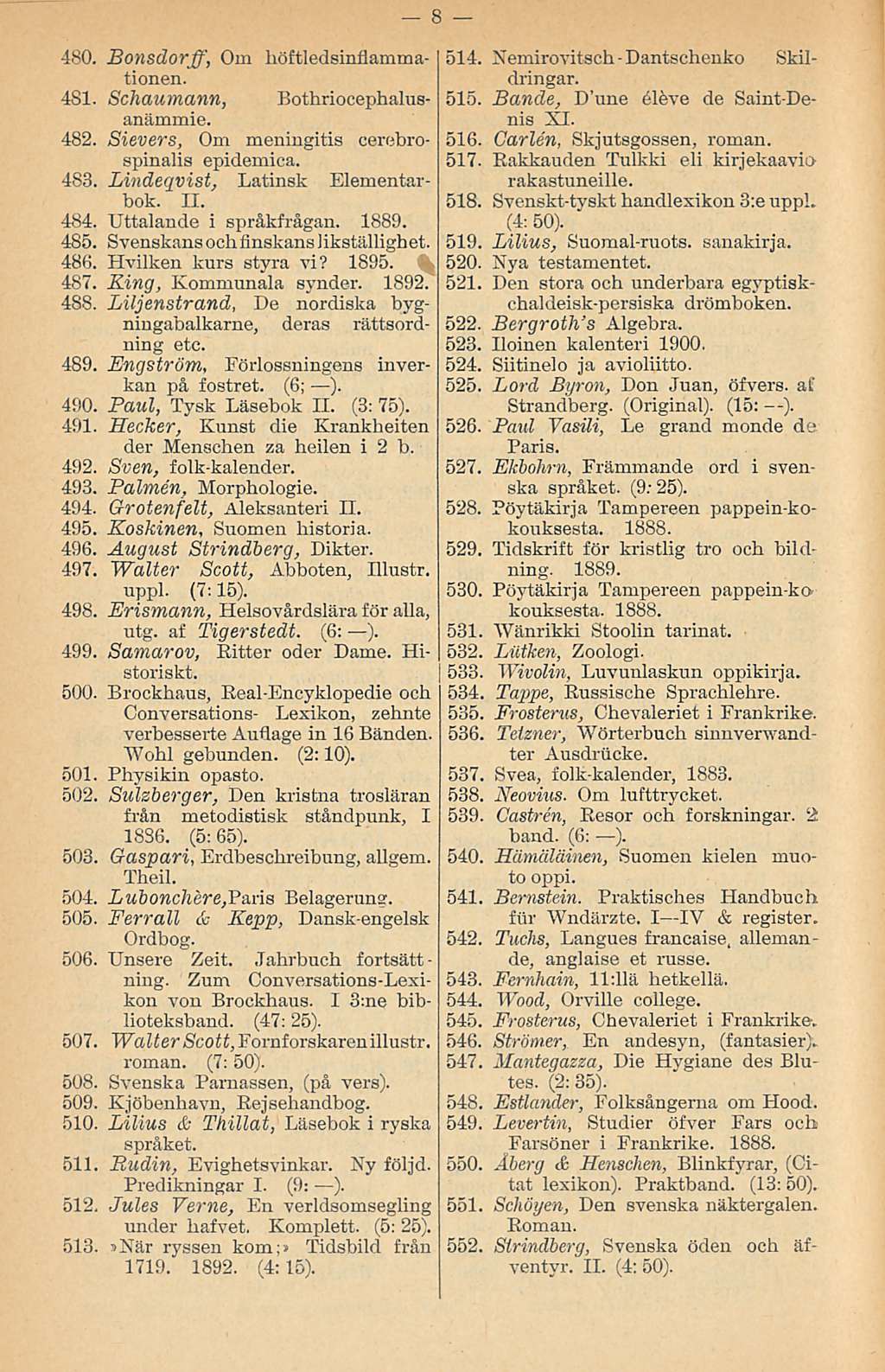 480. Bonsdorff, Om höitledsinflammationen. 481. Schaumann, Bothriocephalusanämmie. 482. Sievers, Om meningitis cerebrospinalis epidemica. 483. Lindeqvist, Latinsk Elementarbok. 11. 484.