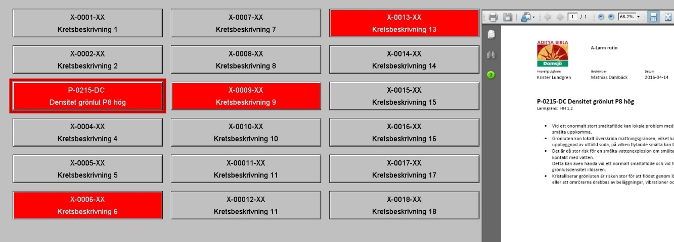 När man klickar på en larmruta visas en rutin/viktig information som kan hjälpa operatören för att bedöma och åtgärda larmen.