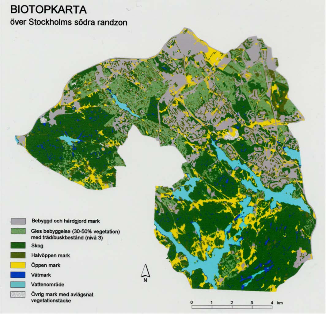 Biotopkarta över Stockholms stad med särskild hänsyn till områden som har hög biodiversitet.