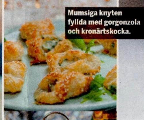 Gorgonzolaknyten med kronärtskocka Cirka 20 stycken Läckra små munsbitar med mycket smak. Det gör inget om osten smälter ut lite. Det blir nästan ännu godare.