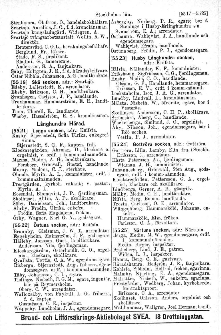 Stockholms län. [5517-5525] Stenhamra, Olofsson, O., handelsbokhållare. Åsbergby, Norberg, P. R., egare; bor il. Svartsjö, Aurelius, J. C., f. d. kronolänsman. Steninge i Husby-Erlinghundra bon.