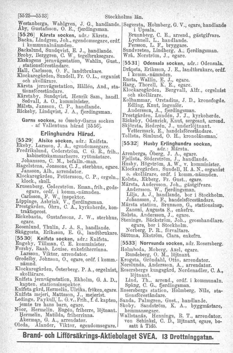 [5525-5533]' l Stockholms län. Westanberga, Wahlgren, J. G., handlande. Segersta, Holmberg, G. V., egare, handlande Åby, Gustafsson, O. E.,' fjerdingsman. i Upsala. f5526] Kårsta socken, adr.: Kårsta.