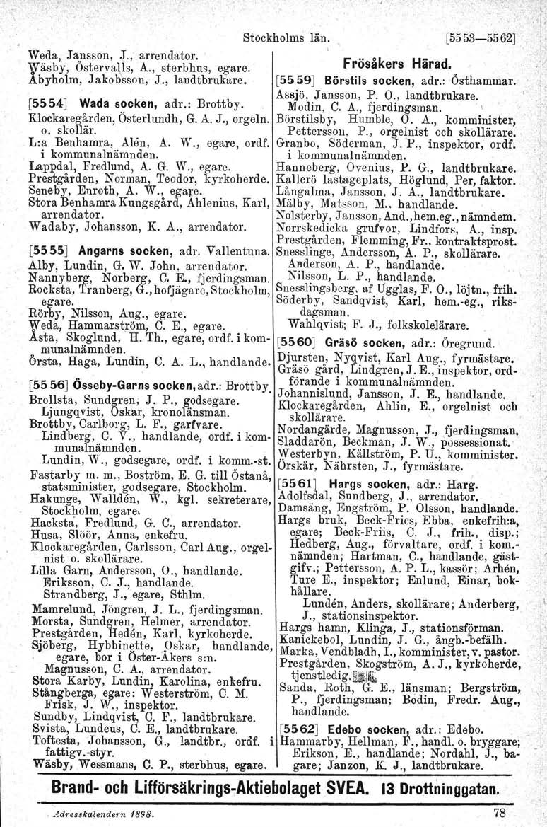 Weda, Jansson, J., arrendator. Wäsby, Ostervalls, A., sterbhus, egare. Åbyholm, Jakobsson, J., landtbrukare, Stockholms län. [5553-5562] Frösåkers Härad. [5559] Börstils socken, adr.: Östhammar.