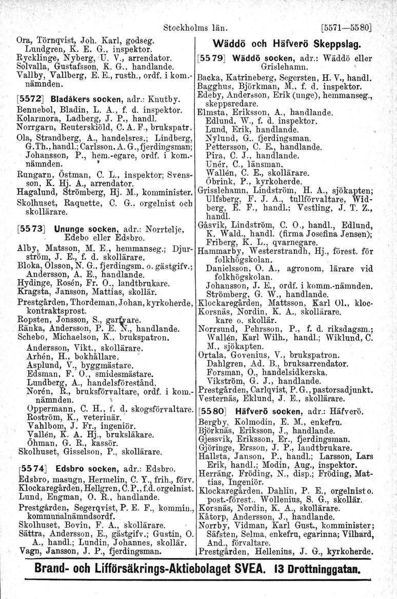 Ora, 'I'örnqvist, Joh. Karl, godseg. Lundgren, K. E. G., inspektor. Rycklinge, Nyberg, U. V., arrendator. Solvalla, Gustafsson, K. G.. handlande. Vallby, Vallberg. E. E., rusth., ordf. i kom.