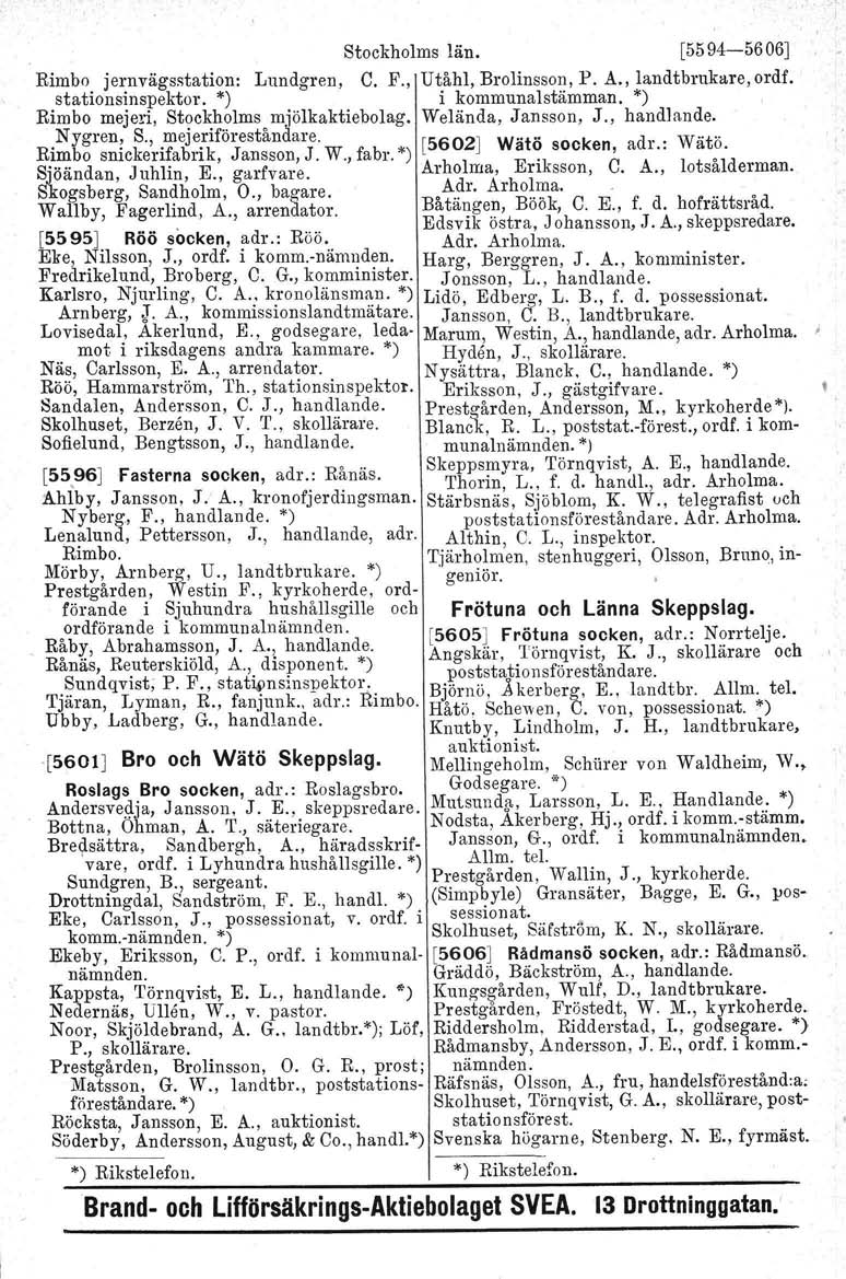 Stockholms län. [5594-56 06J Rimbo jernvägsstation: Lundgren, C. F., Utåhl, Brolinsson, P. A., landtbruka.re,ordf. stationsinspektor. *) i kommunal stämman.