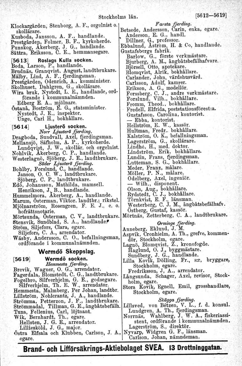 , v..... ( Stockholms län. Klookargården. Stenborg, A. F., orgelnist o. Farsta fjerding. skollärare. Betsede, Andersson, Carin, enka, egare.' Kusboda, Jansson, A. F., handlande. Anderson, E. G.