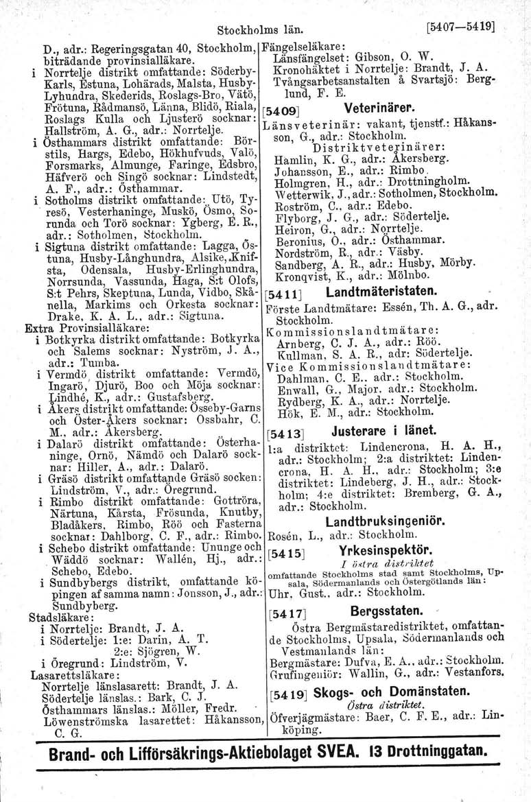Stockholms län. [5407-5419] D., adr.: Regeringsgatan 40, Stockholm, Fängelseläkare: hiträdande 'proyinsialläkare. Länsfängelset: Gibson, O. W.