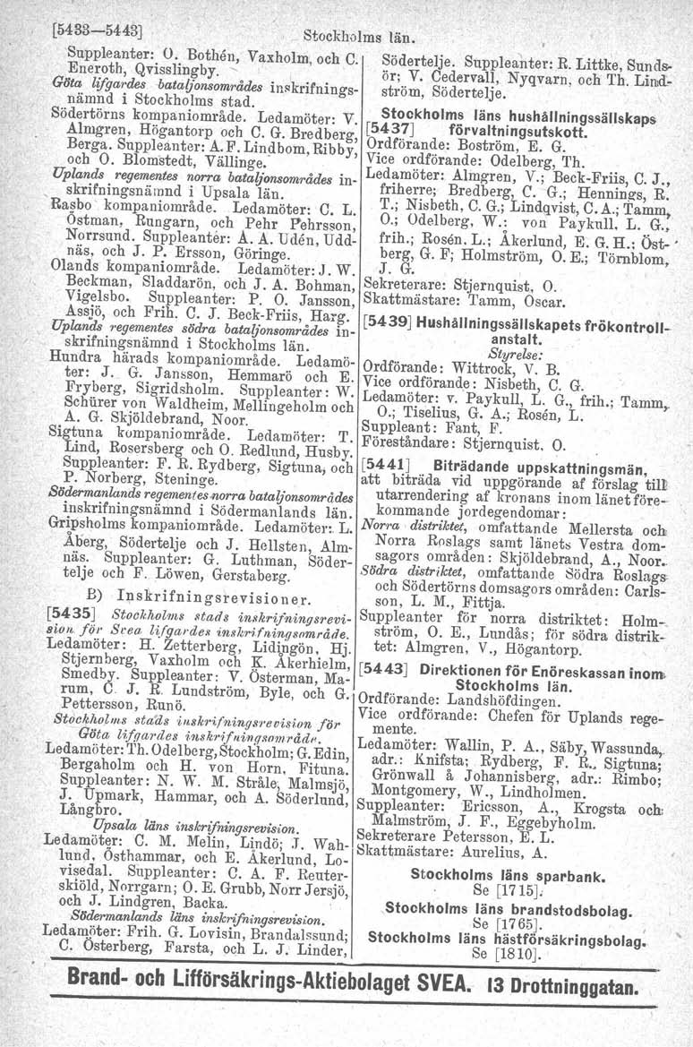 [5433-5443] Stockholms län. Suppleanter: O. Bothen. Vaxholm, och C. Södertelje. Suppleanter: R. Littke, Sunds- Eneroth, Qvisslingby. ~ ör; V. Cedervall, Nyqvarn, och Th.