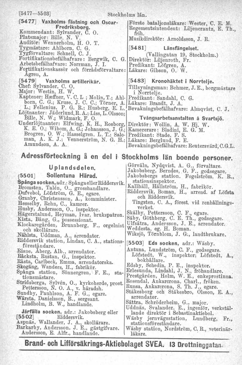 15477-5503] ~tockholms län. [5477] Vaxholms fästning och Oscar- Förste bataljonsläkare: Wester, C. E. M. Fredriksborg. Regementsintendent: Liljencrantz, E. Th., Kommendant: Sylvander, C. O. frih.