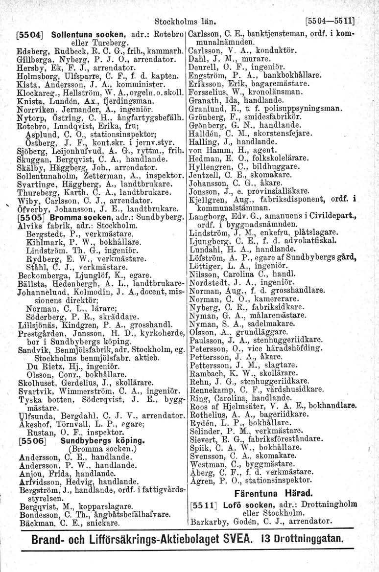 Stockholms län. [5504-5!511), (5504J Sollentuna socken, adr.: Rotebro Carlsson, C. E., banktjensteman, ordf. i korneller Tureberg. munalnämuden. Edsberg, Rudbeck, R. C. G., frih., kammarh.