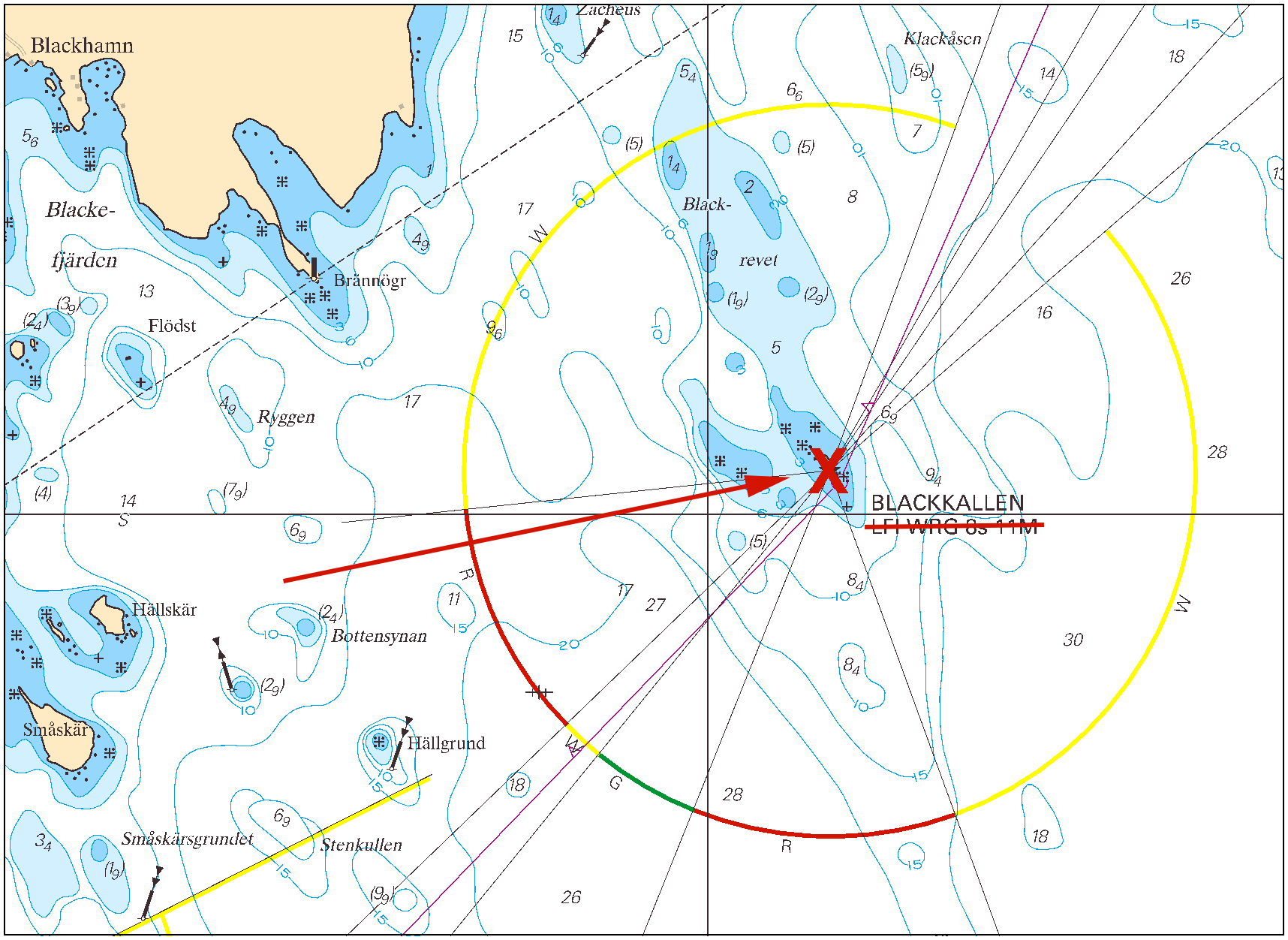 2014-09-25 3 Nr 513 TILLKÄNNAGIVANDEN Inga Tillkännagivanden i detta häfte. UNDERRÄTTELSER Bottenviken * 9831 Sjökort: 4, 41, 42, 422 Sverige. Bottenviken. S om Bjuröklubb. Fyren Blackkallen släckt.