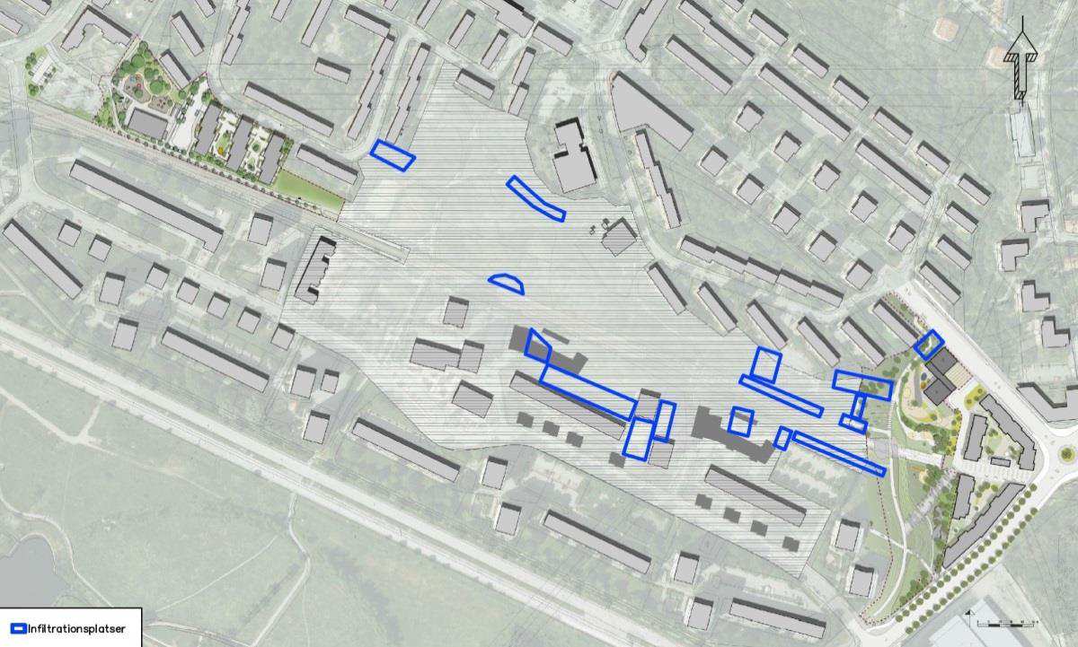 Figur 4. Områden lämpade för infiltration (blå) utifrån geologisk karta, topografi och planerad bebyggelse, Årstastråket, etapp 2. Se även bilaga 2 för större bild. 4.3 