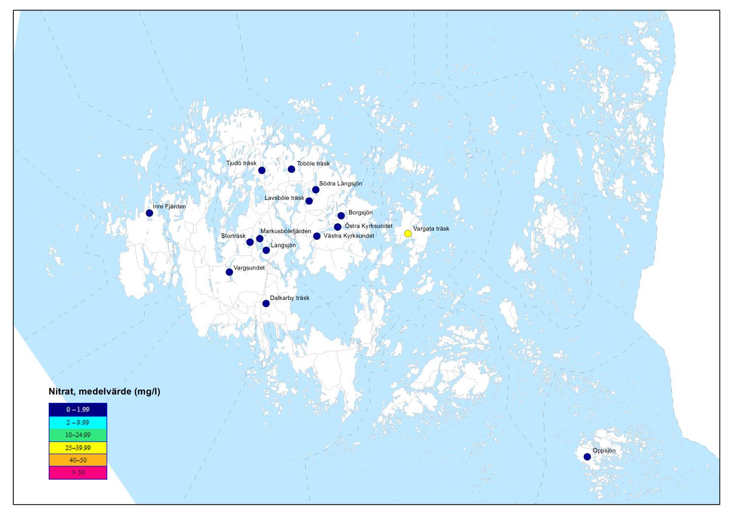 Figuren visar nitrathalter för de åländska sjöarna som ingår i ett regelbundet provtagningsprogram.