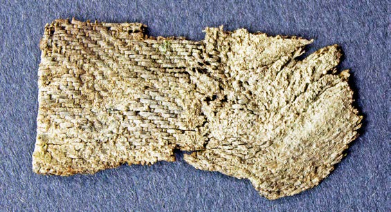 I båtgrav 36 fanns olika sorters sidentyg i dräkten. Här visas rät- och avigsida av ett fragment vävt i samitumteknik från Mellanöstern.
