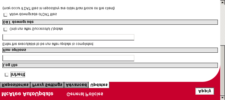 Ange principer för AutoUpdate Fliken Updates (uppdateringar) 1 Välj fliken Updates (uppdateringar). Figur 1-12. General Policies fliken Updates (uppdateringar) 2 Avmarkera Inherit (ärv).