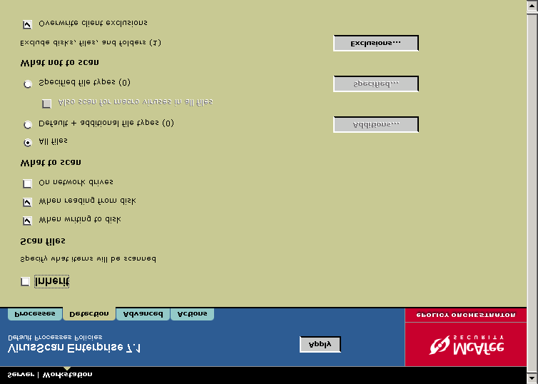 Konfigurera VirusScan Enterprise Fliken Detection (identifiering) Ange vad som ska genomsökas och inte genomsökas under en åtkomstgenomsökning.