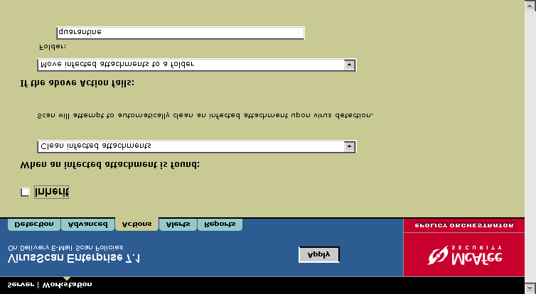 Konfigurera VirusScan Enterprise Fliken Actions (åtgärder) Definiera de primära och sekundära åtgärder som ska utföras när e-postmeddelanden och deras bilagor har angripits av virus.