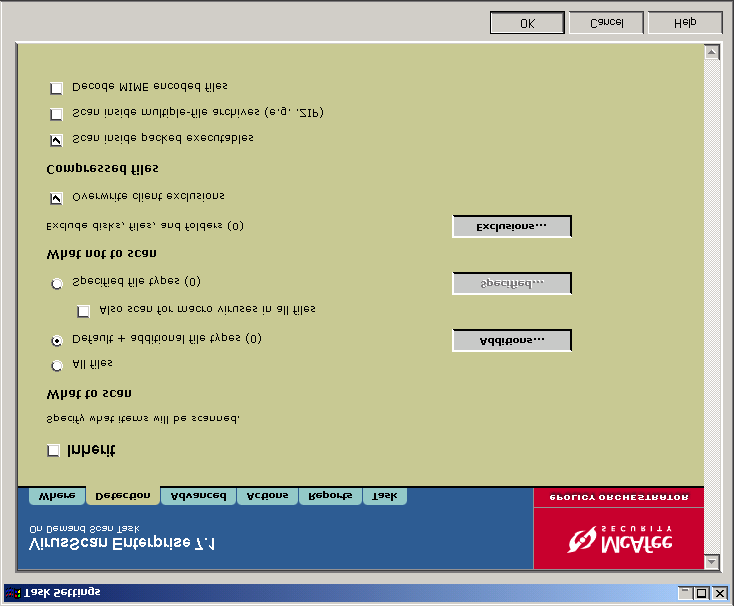 Konfigurera VirusScan Enterprise Fliken Detection (identifiering) Ange vilka filtyper som ska genomsökas. 1 Välj fliken Detection (identifiering). Figur 2-26.