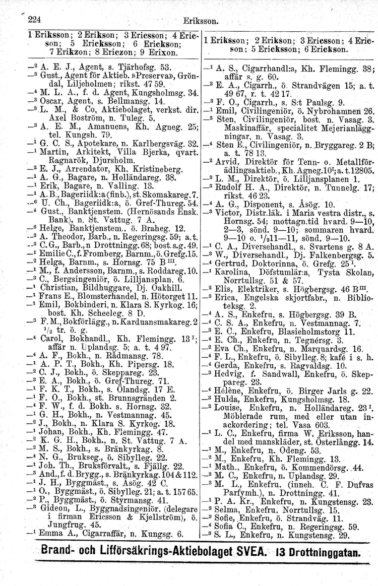 224 Eriksson. 1 Eriksson; 2 Erikson ; 3 Ericsson; 4 Eric 1 Eriksson j Z Erikson ; 3 Ericsson; 4 Ericson; 5 Erieksson; 6 Erickson: son; 5 Erieksson ; 6 Eriekson, 7 Erikzon ; 8 Ericzon ; 9 Erixon. _2 A.