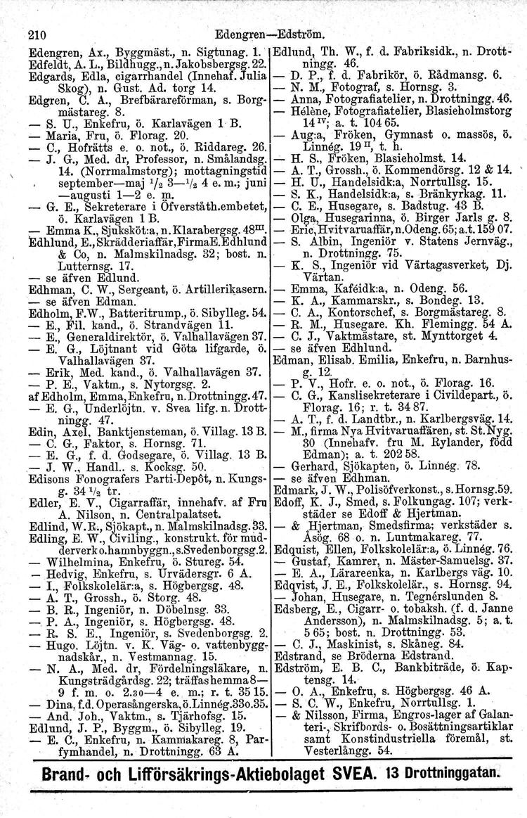 210 ' EdengrenEdström. Edengren, Ax., Byggmäst., n. Sigtunag. 1.' Edlund, Th. W., f. d. Fabriksidk., n. Drott Edfeldt, A. L., Bildhugg.,n.Jakobsbergsg. 22. ningg. 46.