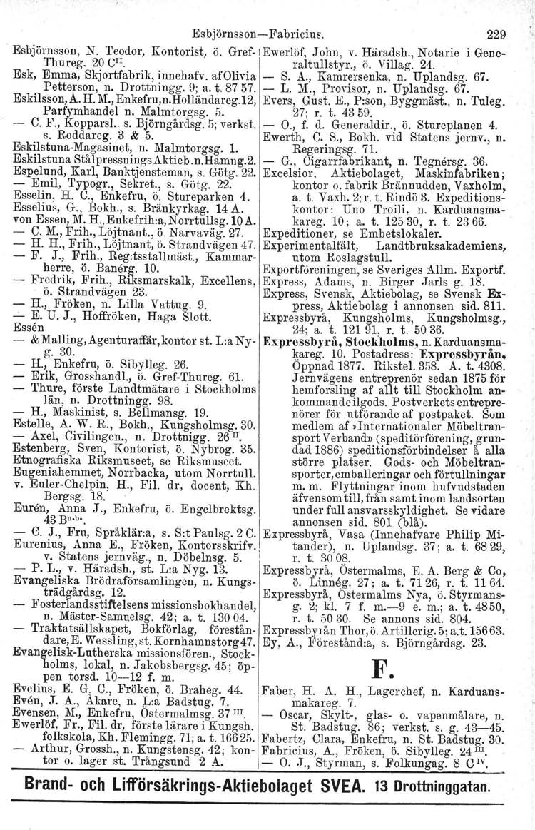 EsbjörnssonFabricius. 229 \.. Esbjörnsson, N. Teodor, Kontorist, ö. Gref I Ewerlöf, John, v. Häradsh., Notarie i Gene Thureg. 20 en raltullstyr., Ö. Villag. 24.