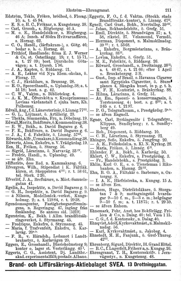 EkströmEhrengranat. 211 Edström, Tekla, Fröken, brödbod, ö. Florag. Eggertz, F. O., f. d. Vaktm. (Stockh: stads 10; a. t. 4594. Brandförsäkr.kontor), ö. Linneg. 67I!. E. S. o. H. C., Fröknar, n.