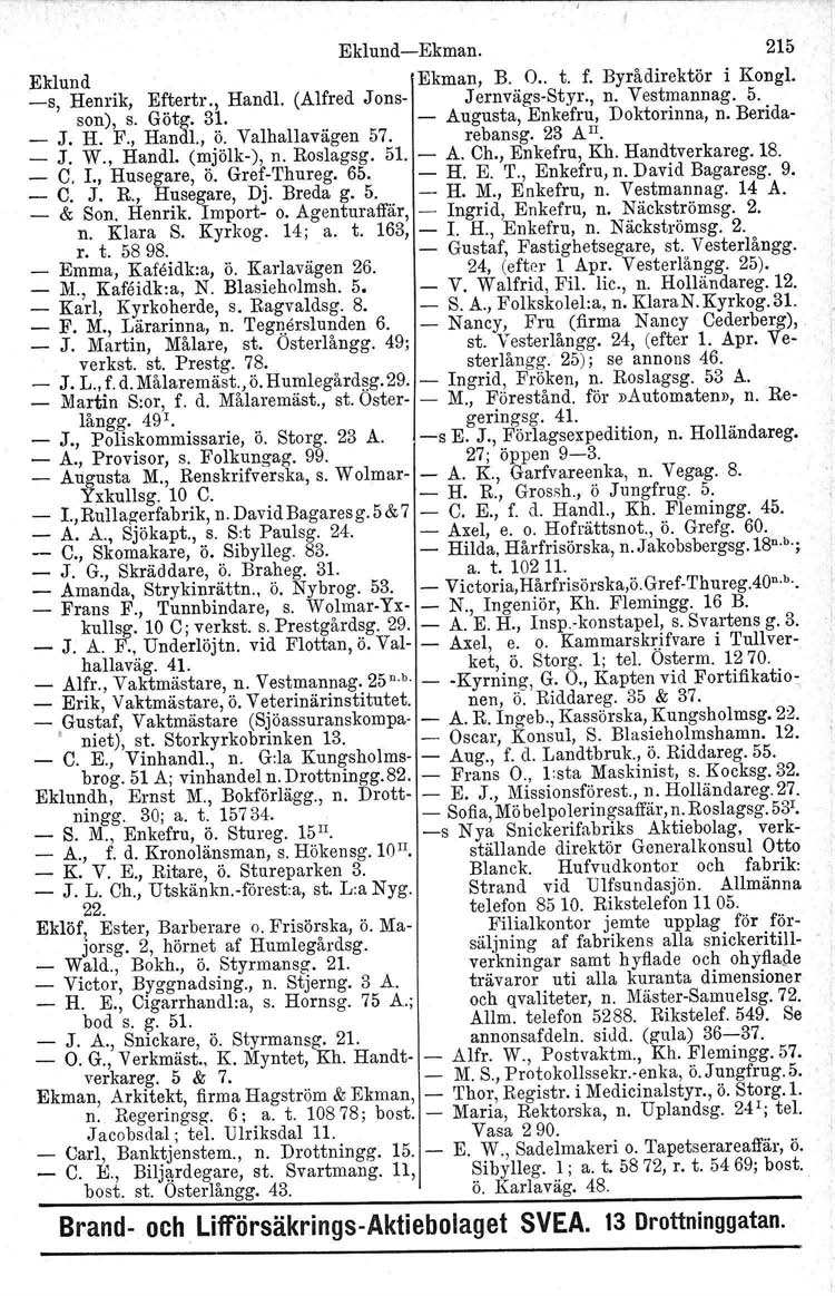 , I EklundEkman. 215 Eklund Ekman, B. O.. t. f. Byrådirektör i Kongl. s, Henrik, Eftertr., Handl. (Alfred Jons JernvägsStyr., n. Vestmannag. 5. son), s. Götg. 31. Augusta, Enkefru, Doktorinna, n.