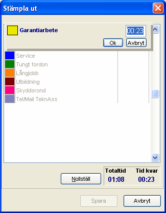 Om Utökad info vid utstämpling är vald i stämplingsschemat visas en box där det ges möjlighet att dela den registrerade tiden i olika kategorier.