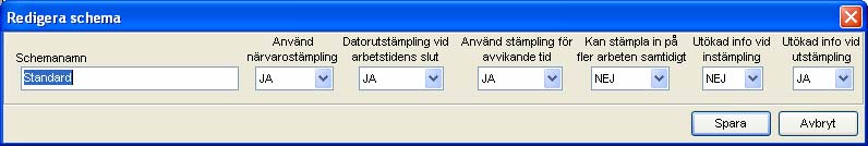 Klicka på knappen Redigera kopplat schema Denna funktion ger dig möjlighet ändra inställningarna i standard schemat eller skapa nya scheman som kan kopplas till den anställde, på detta sätt kan