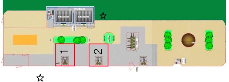 Figur 2. Skiss över Flyinges aktiverande grupphästhållning med zoner samt markering (*) av utsiktstornens placering under studien av hästens beteende intill grovfoderstationerna.