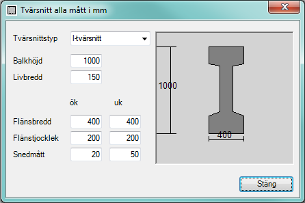 caeec210 Concrete designer beam Sidan 12(35) 4.3 Tvärsnitt Här anges E-modul i [GPa], Tvärsnittstyp och tvärsnittets tillhörande mått som presenteras nedanför bilden.