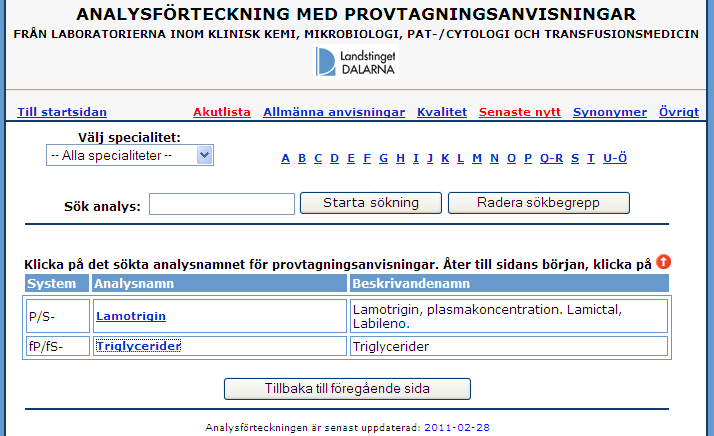 Sökningen på trig gav en lista på två analyser som innehåller dessa bokstäver.