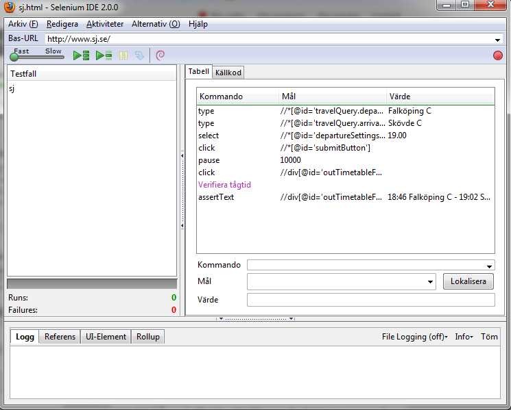 Figur 6. Ranorex gränssnitt för keyword-driven testing. Figur 7. Selenium IDE med ett script för att verifiera en tågtid. Tabell 27. Testexekvering - beslutsunderlag. Kriterium Selenium Ranorex 1.