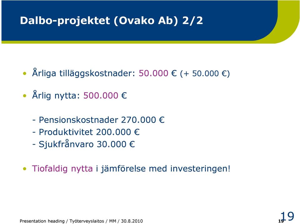 000 - Produktivitet 200.000 - Sjukfrånvaro 30.