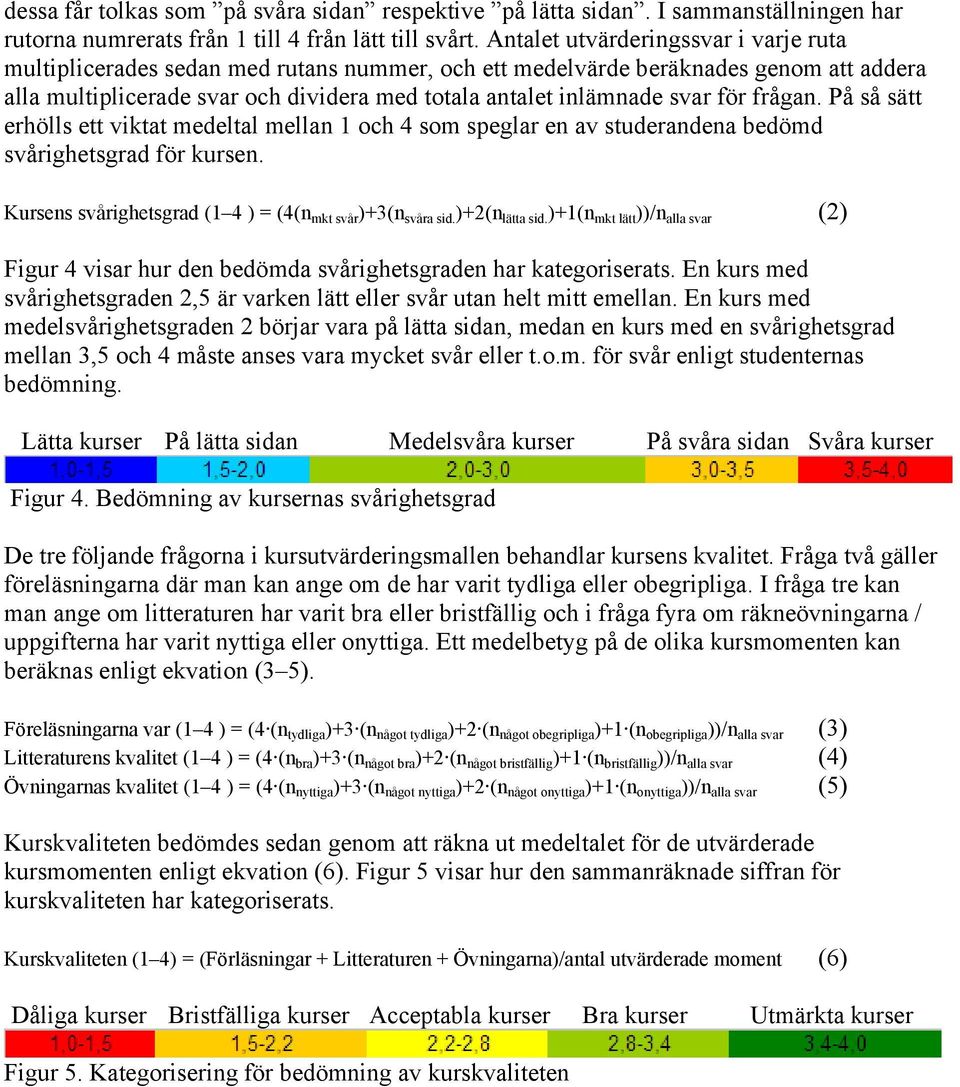 frågan. På så sätt erhölls ett viktat medeltal mellan 1 och 4 som speglar en av studerandena bedömd svårighetsgrad för kursen. Kursens svårighetsgrad (1 4 ) = (4(n mkt svår )+3(n svåra sid.