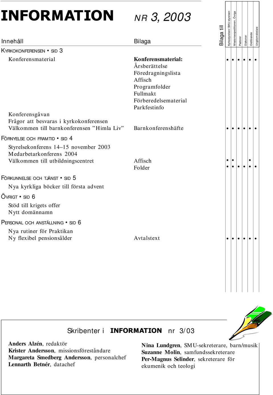 PERSONAL OCH ANSTÄLLNING SID 6 Nya rutiner för Praktikan Ny flexibel pensionsålder nr 3, 2003 Bilaga Konferensmaterial: Årsberättelse Föredragningslista Affisch Programfolder Fullmakt