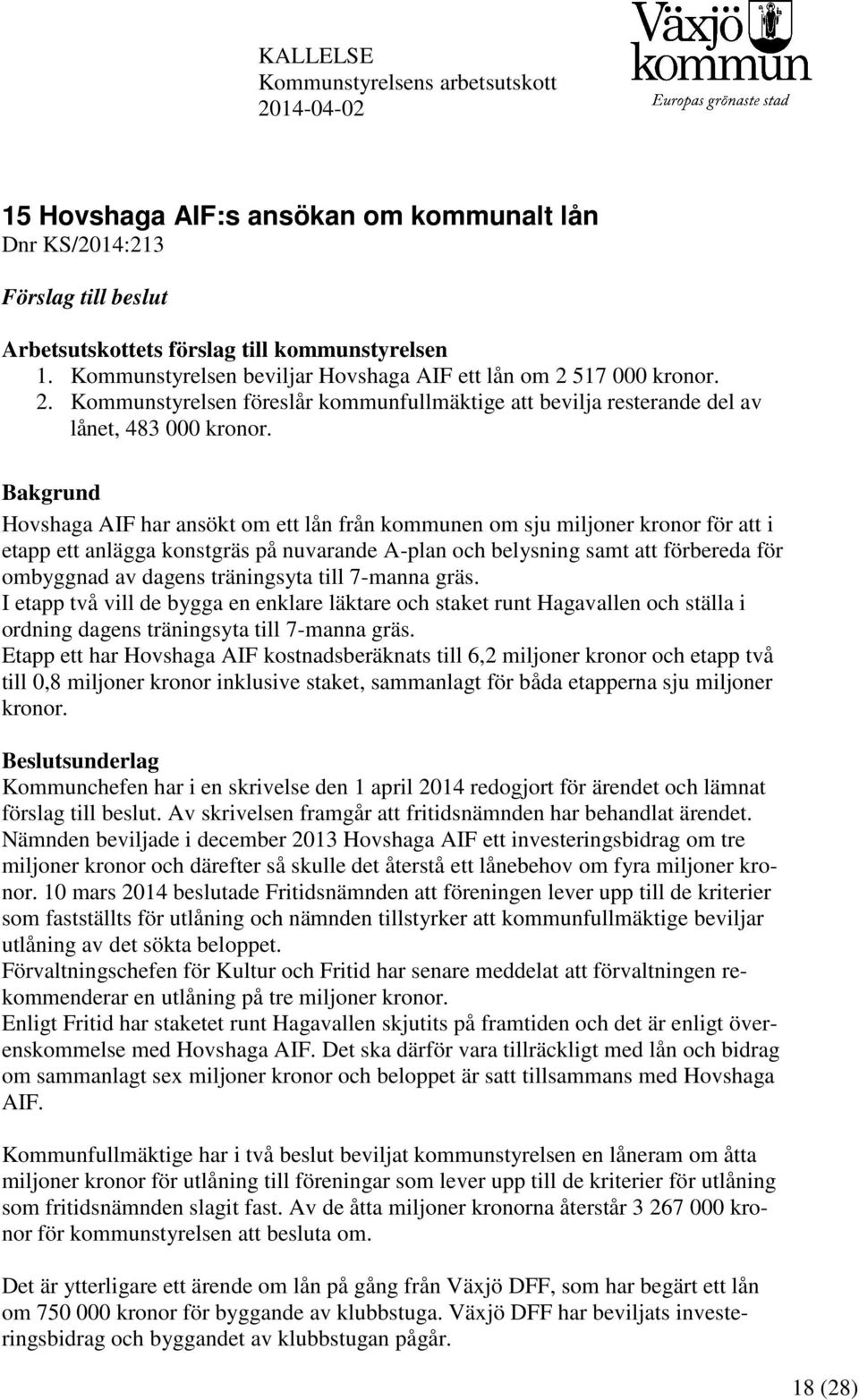 Bakgrund Hovshaga AIF har ansökt om ett lån från kommunen om sju miljoner kronor för att i etapp ett anlägga konstgräs på nuvarande A-plan och belysning samt att förbereda för ombyggnad av dagens